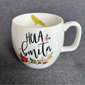 “HOLA bonita” Floral Coffee Mug with Parrot, White, Black, Green, 16 oz